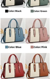 Collage of quilted color-block handbags in black, green, blue, pink, red, and brown