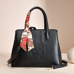 Elegant Floral Embroidery Handbag For Women PU Leather Top Handle Tote Bag With Satin Scarf Vintage Shoulder Crossbody Bag