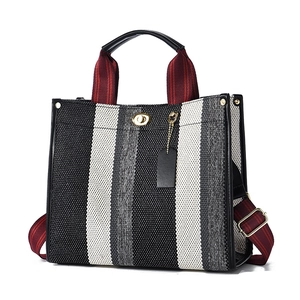 Large capacity striped canvas tote bag with contrast webbing straps and gold hardware