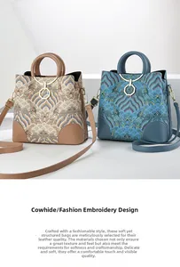 Detailed view of bucket bag showing premium cowhide and vintage embroidered cloud pattern