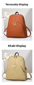Detail of yellow and khaki leather backpacks with textured finish and brand logo