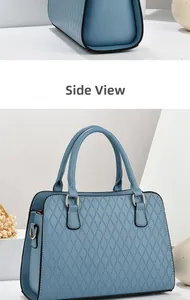 Detail view of blue leather handbag with diamond quilted pattern and gold hardware