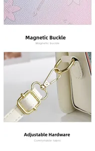 Détail du cuir à motif litchi avec boucle magnétique dorée et fermoir à ressort sur sac blanc