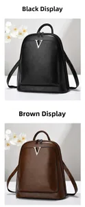 Vue détaillée des sacs à dos en cuir PU noir et marron avec logo V en métal et double zip
