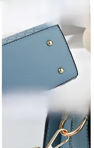 Detail of light blue embossed leather bag with gold protective studs and metal D-rings
