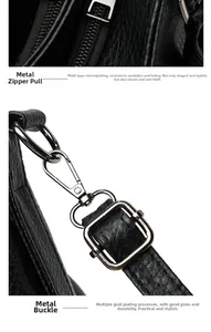 Close-up of black litchi grain PU leather bag with silver metal zipper and clasp details