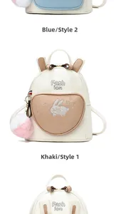 Detail of cute rabbit embroidery and soft PU leather on blue and khaki mini backpacks