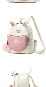 Detail view of the white PU leather backpack featuring cute rabbit embroidery and pink ears