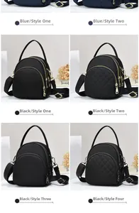 Detail view of multi-compartment nylon mini crossbody bags in blue and black quilted fabric