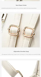 Detail of adjustable gold buckle straps and back anti-theft zipper on beige backpack