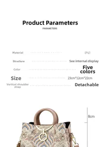 Detailed view of women's bucket bag showing PU fabric textures and 23x12x22cm dimensions