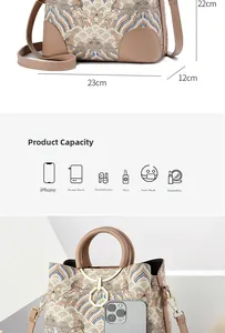 Detail showing bucket bag capacity with traditional wave patterns and dimensions
