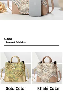 Detailed size comparison of embroidered bucket bags with metal handles and wave pattern
