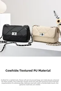 Detail of quilted leather chain bags in black and beige with metal turn-lock closures