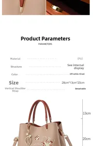 Dettagli dei ricami floreali, ciondoli di perle e dimensioni di questa borsa in pelle PU