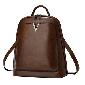 Sac à dos vintage en cuir PU marron pour femmes avec logo V argenté et design étanche