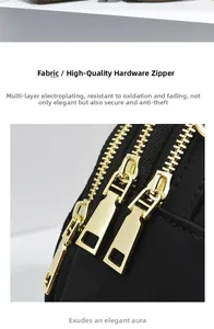 Detail of premium golden metal zipper on black crossbody bag with electroplated finish