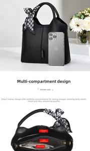 Detail view of multi-compartment interior and size comparison for the fashion handbag