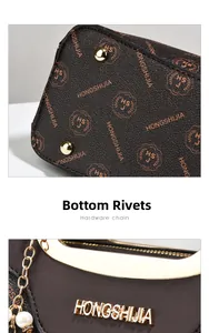 Detail view of printed handbag with protective bottom rivets and brand logo hardware