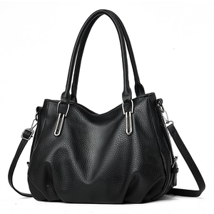 Classic black pebbled PU leather handbag with dual handles and adjustable shoulder strap