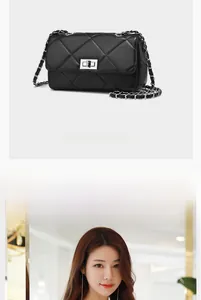 Detailed view of black quilted leather mini bag featuring metal turn-lock and chain strap