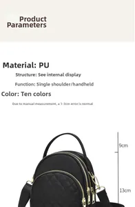 Detail of black quilted PU bag with dual zippers and handle showing 10 colors available