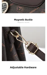 Detail of gold magnetic buckle and detachable metal hardware on brown printed handbag