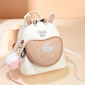 Cute white bunny backpack with plush charm and rabbit embroidery for girls