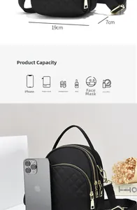 Detailed size chart and capacity layout for black quilted crossbody phone bag with dimensions