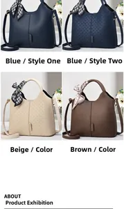 Detail of color-block handbags in lychee and woven leather with decorative silk scarves
