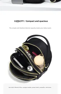 Black multi-layer nylon crossbody bag with gold zippers showing large storage capacity