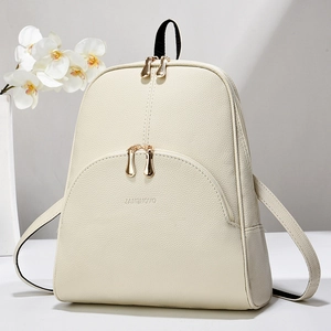 Minimalist beige synthetic leather backpack with golden zippers for travel and school