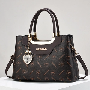 Women Monogram Print Handbag PU Leather Large Capacity Shoulder Crossbody Bag With Heart Artificial Pearl Charm Vintage Elegant Pebbled Texture