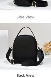 Detailed side and back views of a black nylon crossbody bag with gold-tone hardware