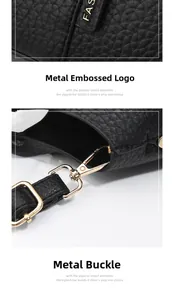 Detail of FAS gold hardware branding and buckle on black lychee grain leather bag