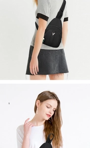 Detailed views of a black oxford cloth crossbody bag with silver V-logo and adjustable strap