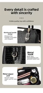 Detail view of reinforced handles and polished hardware on a black crocodile texture handbag