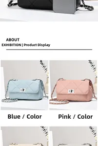 Detail showing mini quilted crossbody bags with chain straps in blue and pink leather