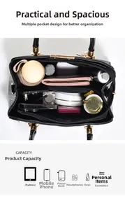Macro view of black crocodile pattern handbag interior with multi-compartment storage