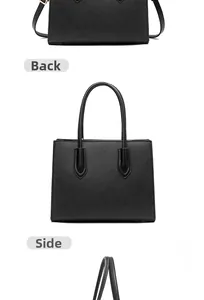 Detailed back and side views of a black cross-grain leather tote with gold hardware
