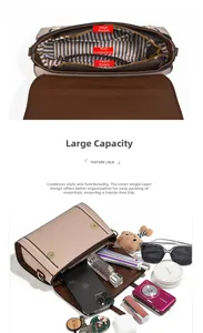 Vue détaillée de l'intérieur multi-compartiment et de la grande capacité du sac à main