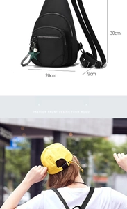 Detailed size guide of Oxford cloth chest bag with star pendant and street style view