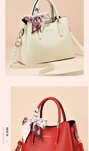 Detail view of stylish crossbody bags with silk scarves and lychee grain texture