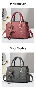 Comparison of pink and gray large capacity handbags with V-stitch and flower charms