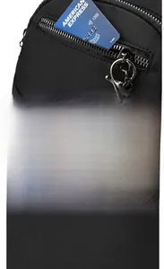 Detail of oxford fabric backpack with leather pocket and credit card slot function