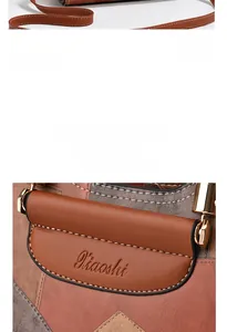 Close-up of color-block leather bag with lychee texture and golden hardware details