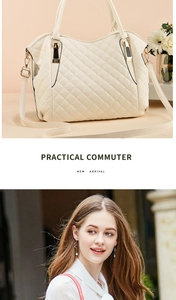 Detail of quilted beige leather handbag with gold hardware and model carrying use case