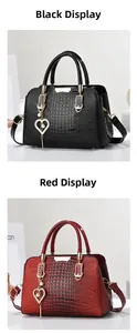 Detail of crocodile pattern faux leather handbags in black and red with pearl pendants