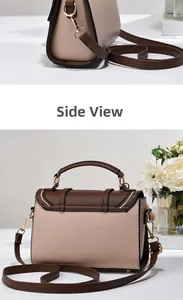 Vue détaillée latérale et arrière d'un sac à main bicolore beige et marron minimaliste