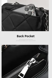 Detail of the black quilted leather bag showing the back phone pocket and metal zipper